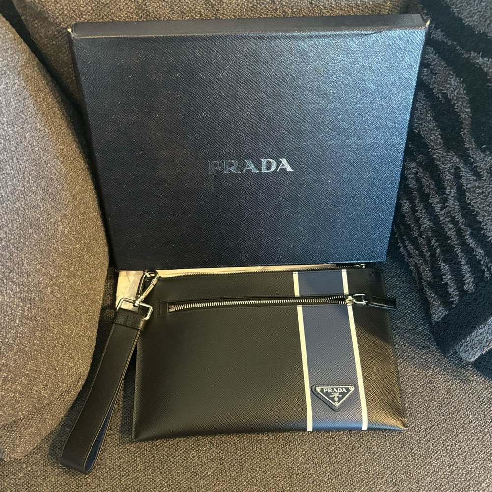 Prada Black and Blue Saffiano Colorblock Leather Steiped Pouch